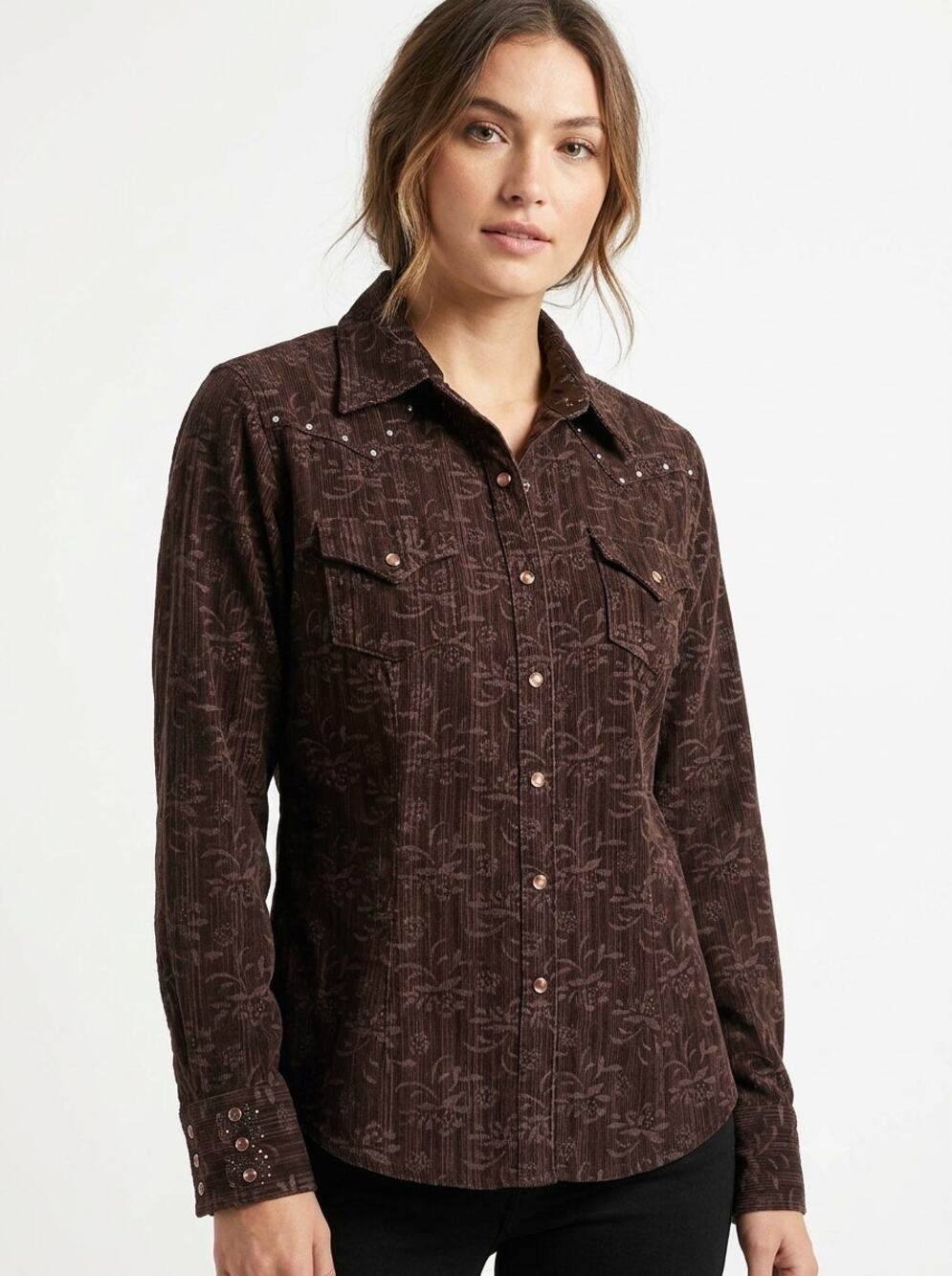20X Western Shirt Womens L Brown Corduroy Floral Pearl Snap Front Long Sleeve